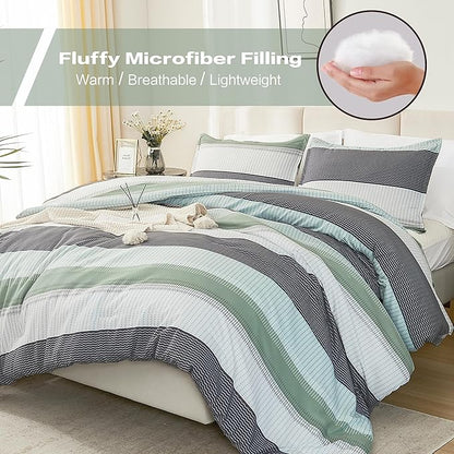 Litanika Comforter Full Size Set Sage Green - 3 Pieces Lightweight Bedding Comforter Sets, Green White Colorblock Stripe Fluffy Bed Set, All Season Down Alternative Bed Set