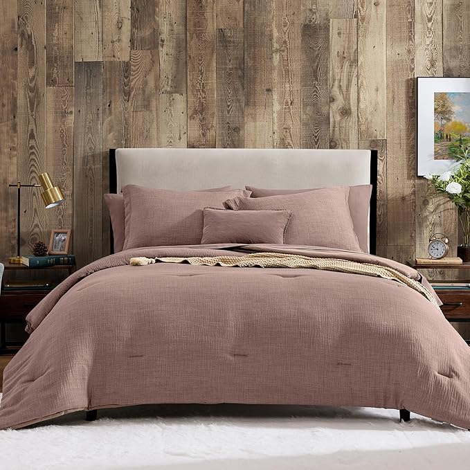 Geniospin King Size Comforter Set- 7 Piece Misty Rose Textured King Bedding Set, Soft Solid Bed in a Bag for All Season, King Comforter Set with Sheets(Misty Rose,102''x90'')