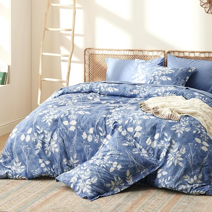Bedsure Full Size Comforter Set - 7 Pieces Floral Blue Soft Bedding Sets, Full Bed in a Bag with Botanical Flowers Comforter, Sheets, Pillowcases & Shams