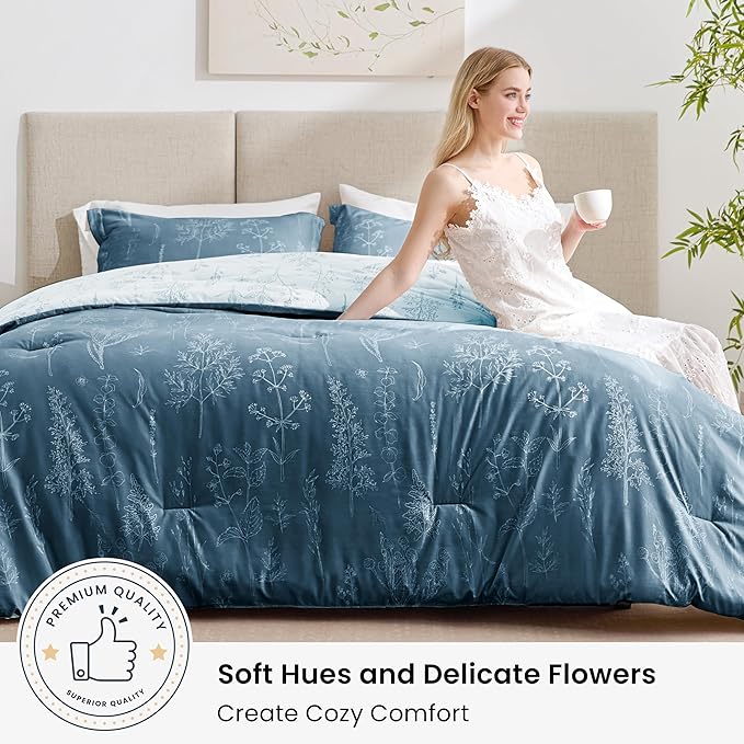 Love's cabin Bluish Grey Twin Comforter Set - Twin XL Size Comforter Set Dorm Bedding, 2 Pieces Cute Floral Bedding, Reversible Flowers Comforter, 1 Comforter & 1 Pillow Sham