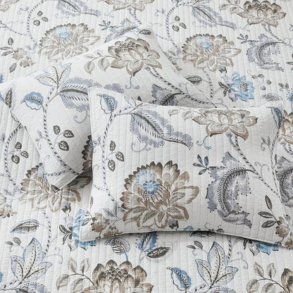 Levtex Home - Maileen Neutral Blue Quilt Set - Full/Queen Quilt and Two Standard Shams - Floral - Taupe Blue and Cream - Quilt (88x92in.) and Shams (20x26in.) - Reversible - Cotton