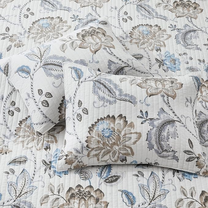 Levtex Home - Maileen Neutral Blue Quilt Set - Twin Quilt and One Standard Sham - Floral - Taupe Blue and Cream - Quilt (68x86in.) and Sham (20x26in.) - Reversible - Cotton