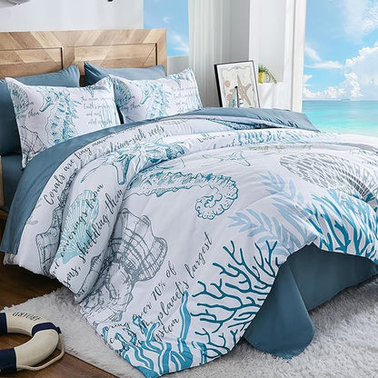 Coastal Comforter Set Queen, Beachy Themed Comforters,7 Pieces Ocean Bed in a Bag Nautical Bedding Seahorse Sea Shell with Sheets for All Season