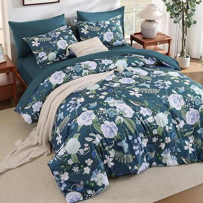 Anibedding 7Pieces Floral Queen Size Comforter Set, Garden Plant Flower Style Bed in a Bag Blue Bedding Comforter Set with Pillow Case for Bedroom