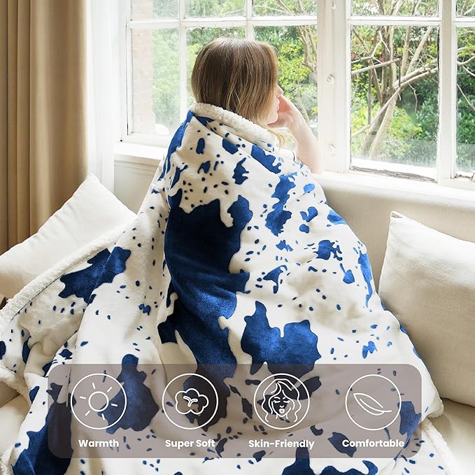 Cow Print Heated Blanket Twin-Heating Electric Blanket Twin with 10 Heat Levels & 10 Hours Auto-Off, Cozy Soft Fleece Sherpa, Washable, 62 x 84 Inche Cow Print Blue