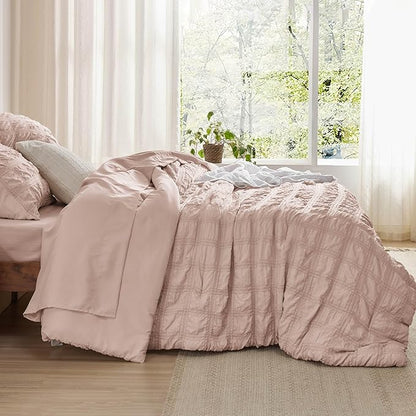 Bedsure Bed in a Bag Queen - 7 Pieces Plaid Seersucker Bedding Comforter Sets, Soft Lightweight Rose Dust Boho Bed Set with Comforters Queen Size, Sheets, Pillowcases & Shams