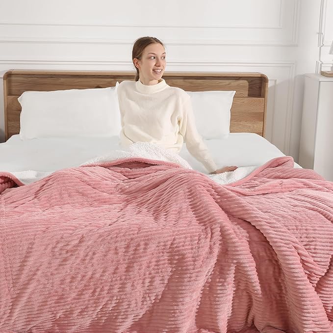 Electric Blanket Full Heated Blanket Full Size- Striped Flannel & Thick Sherpa, 5 Heat Settings & 10 Hour Auto Off with FCC/ETL Certified, Overheat Protection & Machine Washable, Pink 72"x84"