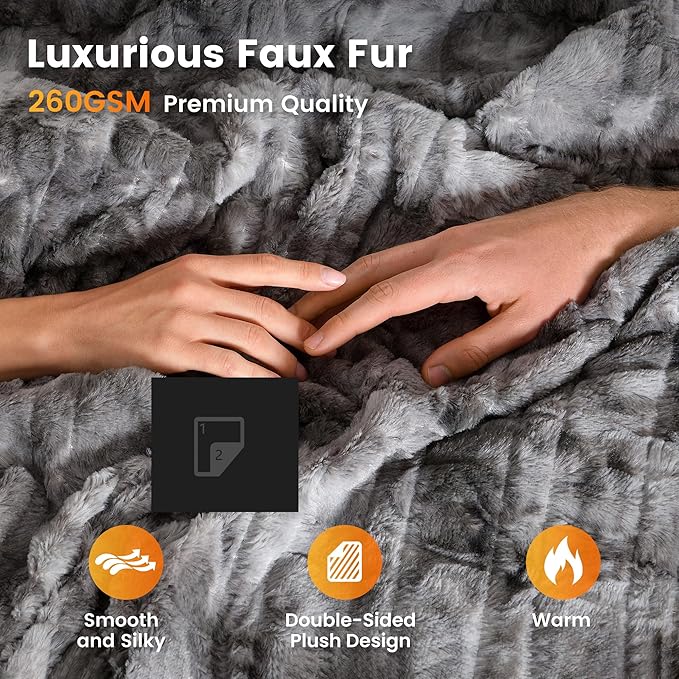 WOOMER Heated Blanket Full Size Electric Blanket 77"x 84", Soft Faux Fur Fast Heating Blanket, 10 Heating Levels & 0.5-12H Auto Off, Over-Heat Protection, ETL Certification