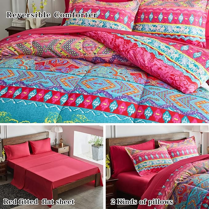 Flysheep Boho Bed in a Bag 6 Pieces Twin Size, Colorful Bohemian Tribal Pink n Blue Floral Reversible Bed Comforter Set (1 Comforter, 1 Flat Sheet, 1 Fitted Sheet, 2 Pillow Shams, 1 Pillowcase)