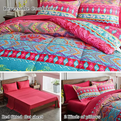 Flysheep Boho Bed in a Bag 7 Pieces Queen Size, Colorful Bohemian Tribal Style Pink n Blue Floral Reversible Comforter Set (1 Comforter, 1 Flat Sheet, 1 Fitted Sheet, 2 Pillow Shams, 2 Pillowcases)