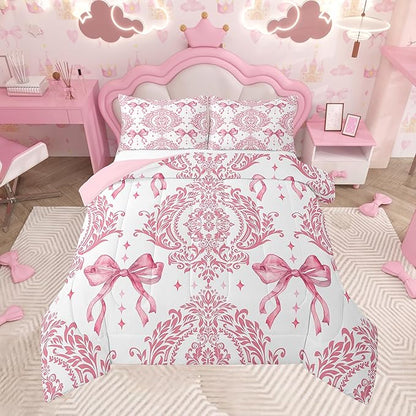 Feelyou Girls Pink Bowknot Comforter Set Queen Size Gothic Damask Comforter Victorian-Themed Bedding Set Baroque Duvet Set Vintage Floral Quilt Set 3Pcs