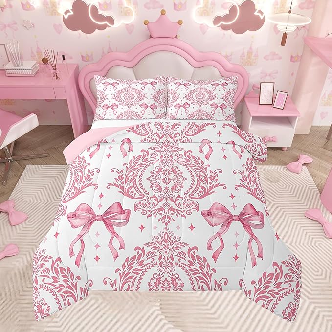 Feelyou Girls Pink Bowknot Comforter Set Twin Size Gothic Damask Comforter Victorian-Themed Bedding Set Baroque Duvet Set Vintage Floral Quilt Set 2Pcs