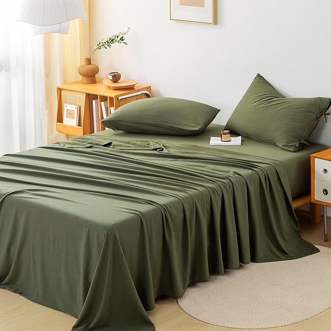 7-Piece Queen Bed in a Bag, Super Soft Queen Sheet Set with Comforter, Solid PolyCotton All Season Down Alternative Comforter 1 Flat Sheet Fitted Sheet 2 Pillow Case 2 Pillowsham, Olive Green