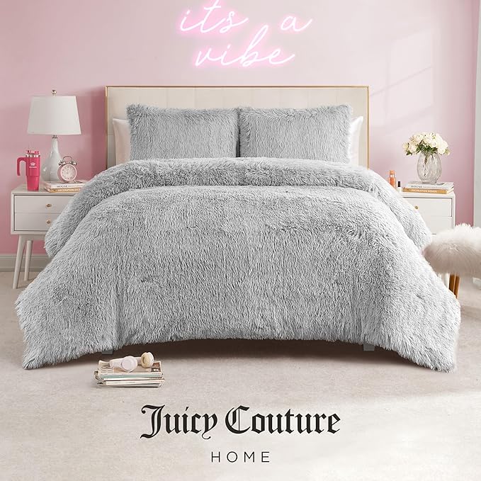 Juicy Couture Shaggy Faux Fur Grey King Comforter Set - Soft and Cozy 3-Piece Machine Washable Bedding Comforter and Sham Set