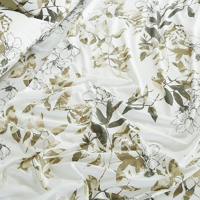 Chezmoi Collection Julia 3-Piece Floral Comforter Set, King - Multicolor Taupe-Green Gray White Floral Leaves Printed Microfiber Lightweight Bedding Set for All Season