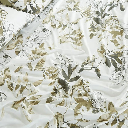 Chezmoi Collection Julia 3-Piece Floral Comforter Set, Queen - Multicolor Taupe-Green Gray White Floral Leaves Printed Microfiber Lightweight Bedding Set for All Season