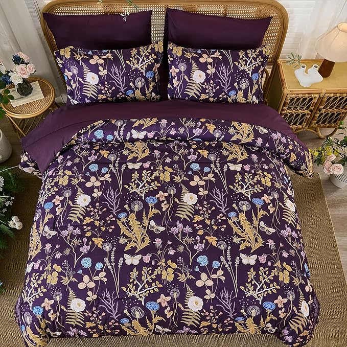 Yiran Purple Floral Comforter Set King Size, 7 Piece Botanical Comforter Bedding Set, Farmhouse Bed in a Bag, Soft Microfiber Complete Bedding Set with Sheets for All Season