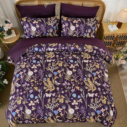 Yiran Purple Floral Comforter Set King Size, 7 Piece Botanical Comforter Bedding Set, Farmhouse Bed in a Bag, Soft Microfiber Complete Bedding Set with Sheets for All Season