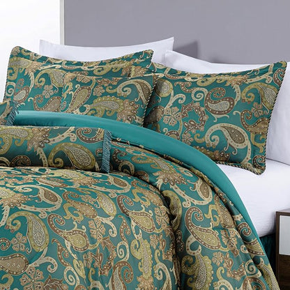 Chezmoi Collection Adelle 7-Piece Paisley Jacquard Embroidered Comforter Bedding Set, California King, Teal