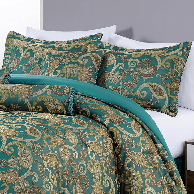 Chezmoi Collection Adelle 7-Piece Paisley Jacquard Embroidered Comforter Bedding Set, King, Teal