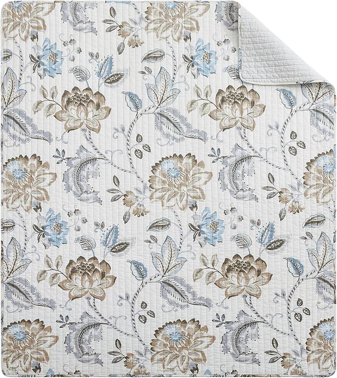 Levtex Home - Maileen Neutral Blue - Throw - Floral - Taupe Blue and Cream - Throw (50x60in.) - Cotton