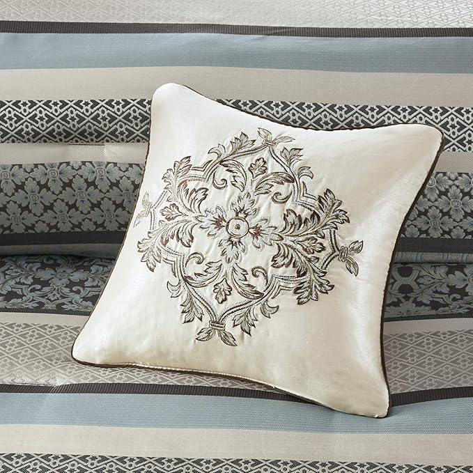 Madison Park Princeton Cozy Comforter Set - Luxurious Jaquard Traditional Damask Design, All Season Down Alternative Bedding with Matching Shams, Decorative Pillow, Cal King(104"x92"), Blue 7 Piece