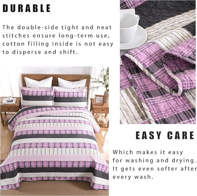 Homzard King Size Comforter Set，Cotton Plaid King Size Quilt，Pink Black Beige Bedding Set，Farmhouse Striped Bedspread Set，Lightweight Reversible Coverlet All Season 3 Pieces