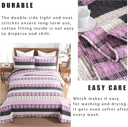 Homzard King Size Comforter Set，Cotton Plaid King Size Quilt，Pink Black Beige Bedding Set，Farmhouse Striped Bedspread Set，Lightweight Reversible Coverlet All Season 3 Pieces