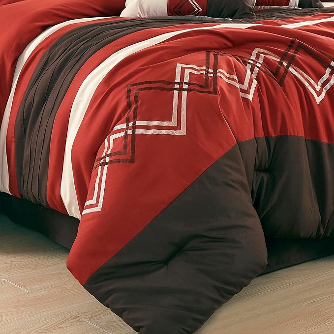 Chezmoi Collection Arden 7-Piece Modern Pleated Stripe Embroidered Zigzag Bedding Comforter Set (California King, Spice/Brown/Coffee Cream)