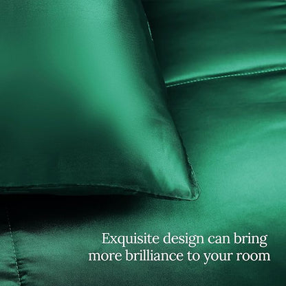 Whale Flotilla 3-Piece Reversible Silky Soft Queen Comforter Bedding Set, Luxurious Satin Comforters Full Size with 2 Satin Pillowcases, Lightweight Duvet for All Seasons, Deep Green
