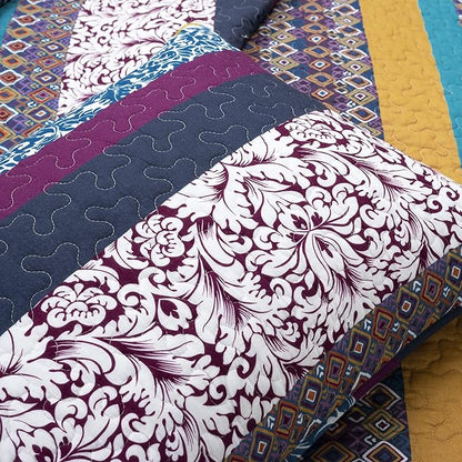 Lush Decor Boho Stripe Reversible Cotton Quilt 3-Piece Set, Full/ Queen, Plum & Yellow - Bold Colorful Bohemian Bedding Set