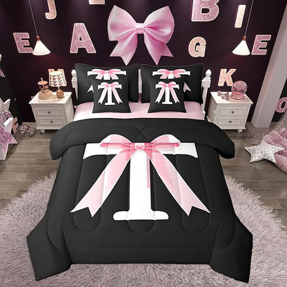 jejeloiu Kawaii Pink Bow King Comforter Set with Sheets,Gifts for Women Teen Girl,Monogrammed 7 Piece Bedding Set,Soft Personalized Initial Letter T Bed in a Bag with Comforter,Sheets,Pillowcases