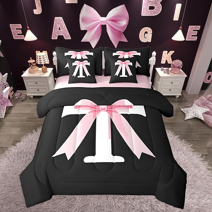 jejeloiu Kawaii Pink Bow Queen Comforter Set with Sheets,Gifts for Women Teen Girl,Monogrammed 7 Piece Bedding Set,Soft Personalized Initial Letter T Bed in a Bag with Comforter,Sheets,Pillowcases