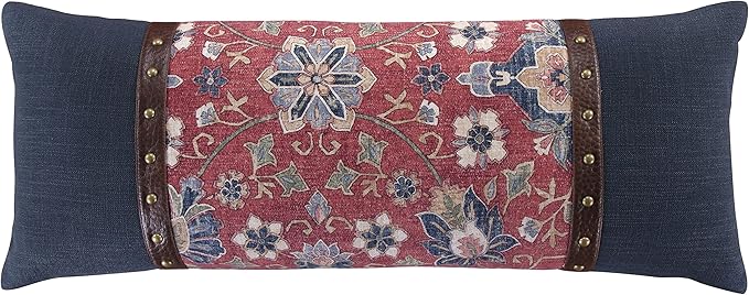 HiEnd Accents Washed Linen Melinda Lumbar Floral Pillow, 14x36 inch, Navy Blue and Red, Medallion Classic Western Rustic Lodge Bedding, Decorative Throw Pillow