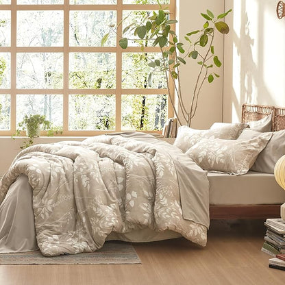 Bedsure King Size Comforter Set - 7 Pieces Floral Beige Soft Bedding Sets, King Bed in a Bag with Botanical Flowers Comforter, Sheets, Pillowcases & Shams