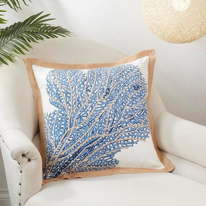 SARO LIFESTYLE Neptunian Coastal Throw Pillow – 20” x 20”, Woven Cotton Cover with Jute Trim, Zipper Closure, Down & Feather Insert – Coral Fan, Navy Blue