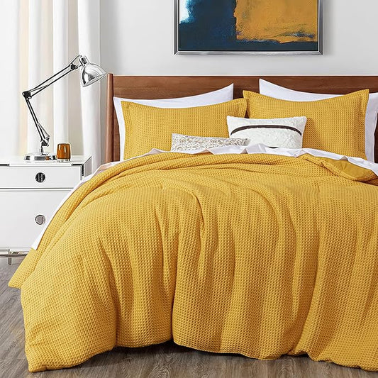 Chezmoi Collection Wilmer 3-Piece Full Comforter Set, Gold, Soft and Cozy Lightweight Waffle Weave Comforter Bedding for All Season