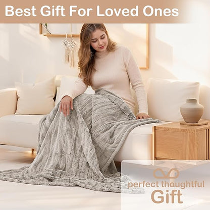 Electric Heated Blanket Throw Size 50"x60", Fast Heating Throw, Plush Faux Fur for Sofa & Office,4 Heating Levels & 10 Hours Auto Off, Machine Washable, Gifts for Family-Light Brown
