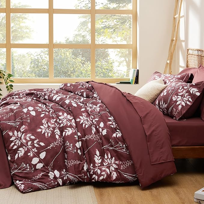Bedsure Queen Comforter Set - 7 Pieces Floral Burgundy Soft Bedding Sets, Queen Bed in a Bag with Botanical Flowers Comforter, Sheets, Pillowcases & Shams