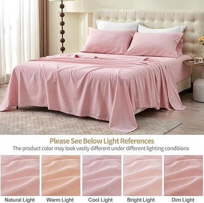 Simple&Opulence Belgian Linen Sheet Set Solid Color - 4 Pieces (1 Flat Sheet & 1 Fitted Sheet & 2 Pillowcases) Natural Flax Cotton Blend Soft Bedding Breathable Farmhouse - Pale Pink, Queen Size