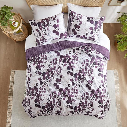 Lightweight Seersucker Botanical King Size Comforter Set, 3 Pieces Reversible Design Bed Comforter, Premium Microfiber Bedding Set, Comforter and Shams Set, Purple