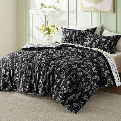 Bedsure California King Comforter Set - Black Bed Set, 3 Pieces Cute Floral Bedding, 1 Soft Reversible Botanical Flowers Comforter and 2 Pillow Shams