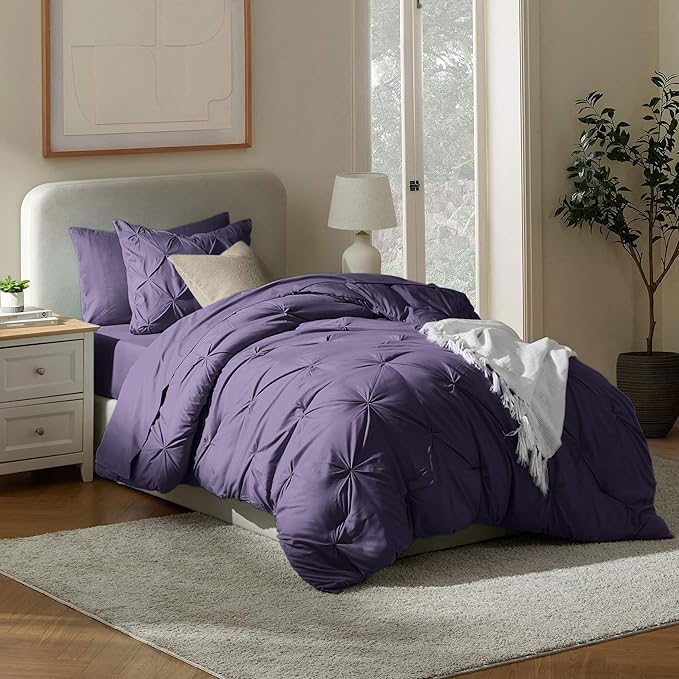 Nestl Twin Comforter Set 5 Piece - Pintuck Twin Bedding Sets Purple, College Dorm Room Essentials for Girls and Boys Bed in a Bag Twin All Season, Twin Comforter Set with Sheets, Pillowcase and Sham
