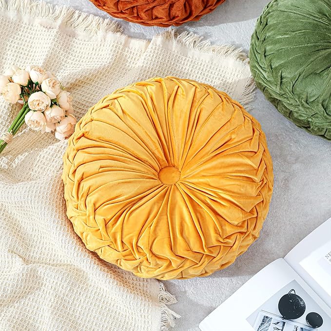 1 Pcs Round Throw Pillows Decorative Velvet Pleated Throw Pillows 15'' Diameter Accent Pumpkin Boho Chair Cushion for Couch Sofa Chair Bed Home Decoration (Yellow)
