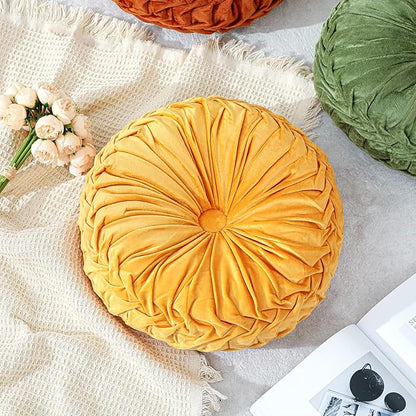1 Pcs Round Throw Pillows Decorative Velvet Pleated Throw Pillows 15'' Diameter Accent Pumpkin Boho Chair Cushion for Couch Sofa Chair Bed Home Decoration (Yellow)