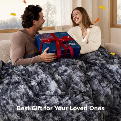 Bedsure Faux Fur Electric Blanket Queen Size, Dual Control Heated Blanket Queen, Fast Heating Blanket with 10 Heating Levels & 10 Time Settings, Cozy Gifts for Women Men (84x90 inches, Denim Blue)