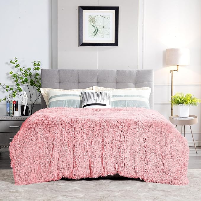 JONIYEAR Extra Large Decorative Fluffy Faux Fur Blanket Queen Size 80" x 90", Soft Luxury Lightweight Furry Blankets, Solid Cozy Shaggy Plush Thick Warm Fuzzy Blankets for Winter Bed Couch, Pink