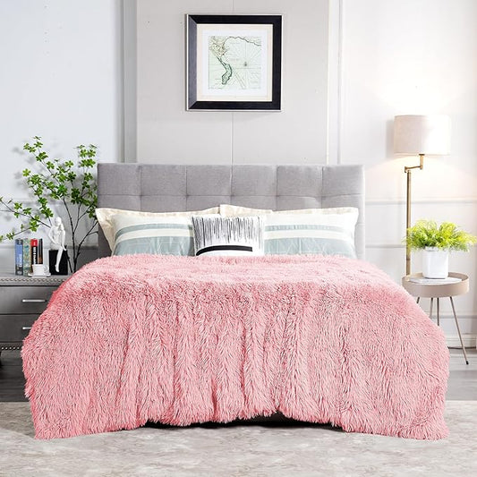 JONIYEAR Extra Large Decorative Fluffy Faux Fur Blanket Full Size 71" x 80", Soft Luxury Lightweight Furry Blankets, Accent Cozy Shaggy Plush Fuzzy Blankets for Bed, Thick Warm Winter Blanket, Pink