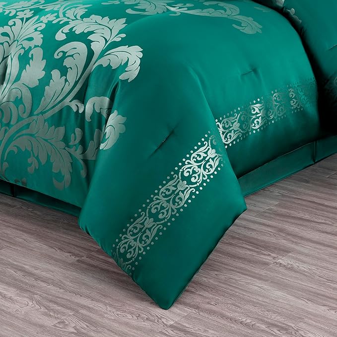 Chezmoi Collection 7-Piece Jacquard Floral Comforter Set (Queen, Green/Silver)