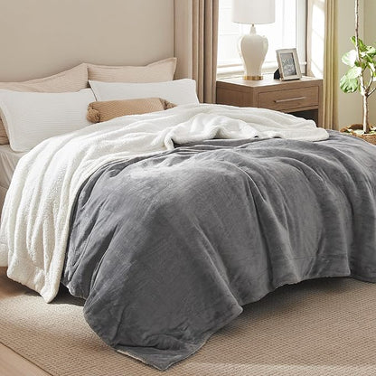 Bedsure GentleSoft Sherpa Fleece Blankets King Size for Bed - Thick and Warm Throw for Women and Men, Non-Heated, Soft Fuzzy Plush King Blanket for Winter, Grey, 108x90 Inches